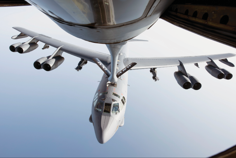 Air Force B-52H Stratofortress assigned to 5th Bomb Wing at Minot Air Force Base, North Dakota, flies below KC-135 Stratotanker assigned to100th Air Refueling Wing, Royal Air Force Mildenhall, United Kingdom, after receiving fuel above Mediterranean Sea in support of Bomber TaskForce Europe mission, September 16, 2020 (U.S. Air Force/Jennifer Zima)